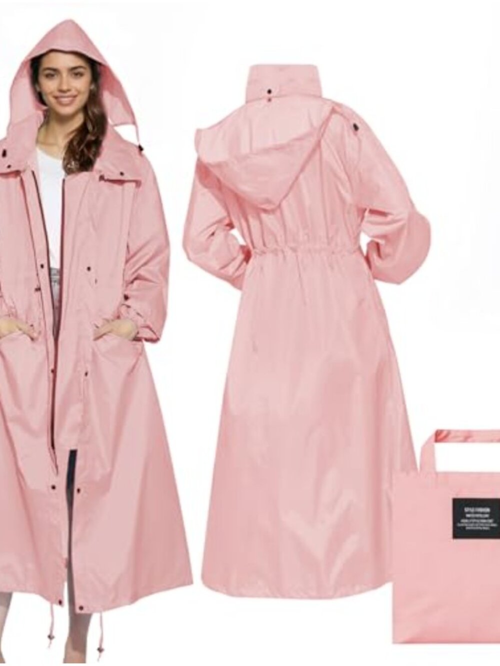 LAMA Women's Long Waterproof Packable Raincoat Hooded Windbreaker Adjustable